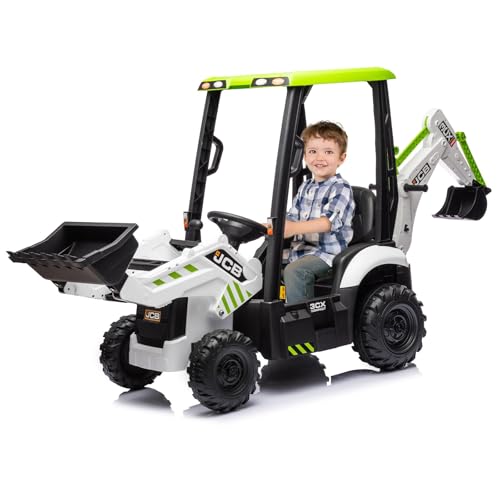 12V Electric Ride on Tractor for Kids 4-in-1 Ride on Digger and Excavator with Shovel Bulldozer & Dumper 2.4G Remote Control Horn & Music Battery Powered Tractor Toy for Boys Girls Age 3+ White