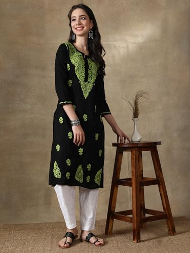 Image of Seva Chikan Hand Embroidered Lucknowi Chikankari Cotton Kurta Kurti for Womens SCL4219
