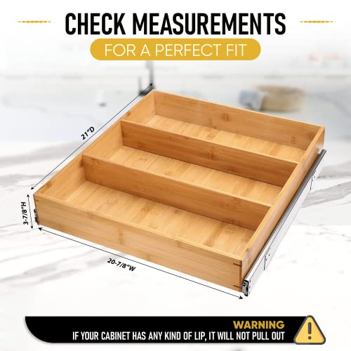 Pull Out Cabinet Drawer Organizer, Sliding Bamboo Wood Storage Rack Organization, Gliding Cupboard Shelf For Kitchen, Pantry, Slide Out Spice Rack Container Lid Organizer With Dividers, 20.5''W X 21''D #TOP4