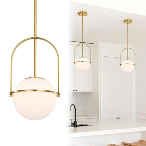Alighting Gold Pendant Light with 18cm Milk Glass Globe, Adjustable Gold Ceiling Lights Mid Century Pendant Light for Dining Room, Kitchen Island, E14 Bulb(Not Included)