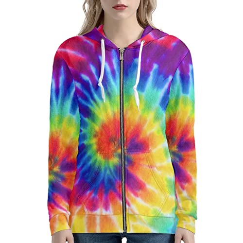 Biyejit Rainbow Tie Dye Hoodies For Women Zip Up Jackets Active Long Sleeve Drawstring Hooded Sweatshirts With Pocket Plus Size Xs-5Xl #TOP2