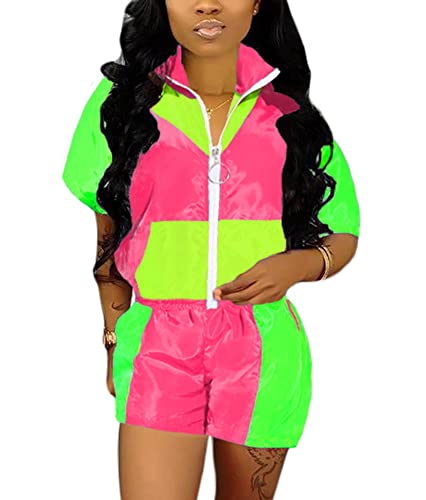 Voikerdr Women's Color Block Windbreaker 2 Piece Outfits Short Sleeve Zip Front Elastic Waist Tracksuit Set #TOP27