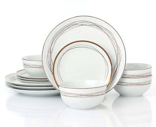 Waterside 12pc Gold Swirl Porcelain Dinner Set; 4 Dinner Plates, Side Plates and Deep Bowls