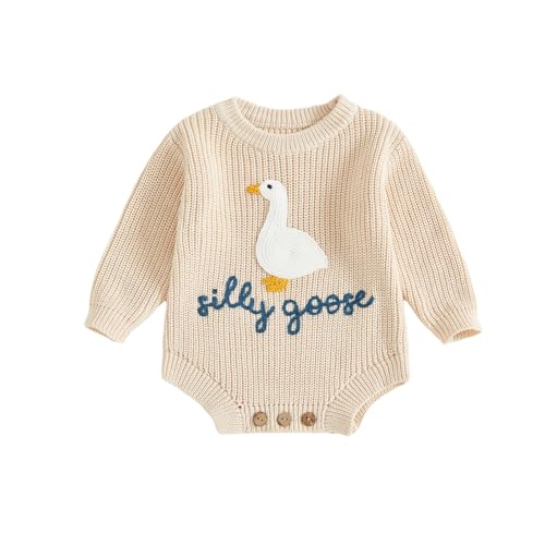 Image of Ysfanwuxi Newborn Baby Boy Girl Sweater Romper Silly Goose Embroidery Knit Onesie Knitted Bodysuit Warm Fall Winter Clothes