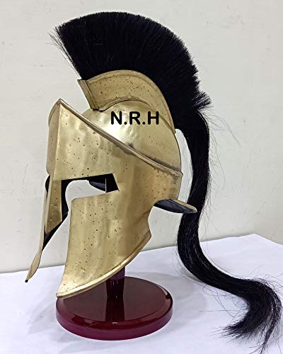 Nautical Replica Hub Medieval Antique Brass Helmet Armour King Leonidas Greek Spartan 300 Roman Halloween Helmet with Wooden Stand
