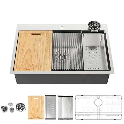 Image of Kichae 30 Kitchen Sink Drop In - 30 inch x 22 inch Drop Sink Stainless Steel 16 Gauge Ledge Workstation Single Bowl Topmount Overmount Kitchen Sink Handmade Basin with Glass Rinser