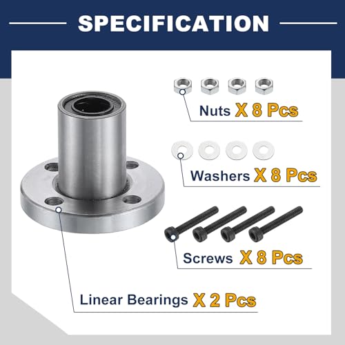 QUARKZMAN LMF8UU Linear Kugellager 8mm Bohrung 15mm OD 24mm Länge Runde Flansch vernickelt mit Schrauben für CNC Maschine 3D Drucker 2 Stück