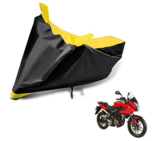 Image of Auto Hub Bike Cover Compatible with Bajaj Pulsar RS 200 with Mirror Pocket, Dustproof, Heat Resistant, Triple Stitched, Pulsar RS 200 Bike Cover- Black, Yellow