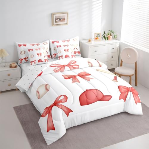 Image of Watercolor Bowknot 7 Pcs Comforter Set with Sheets Twin Size Sports Baseball Cap Baseball Bedding Sets for Kids Girls Women Cartoon Bow Ribbon Girly Bedroom Dorm Decor Lightweight Bed Set All Season