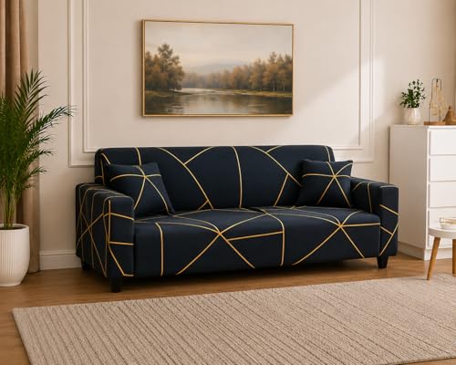 Image of Universal 3 Seater Sofa Cover Fully Covered Stretchable Spandex Non-Slip Elastic Slipcover | Soft Washable Fabric Sofa Protector for Living Room Furniture (Navy Geometric)