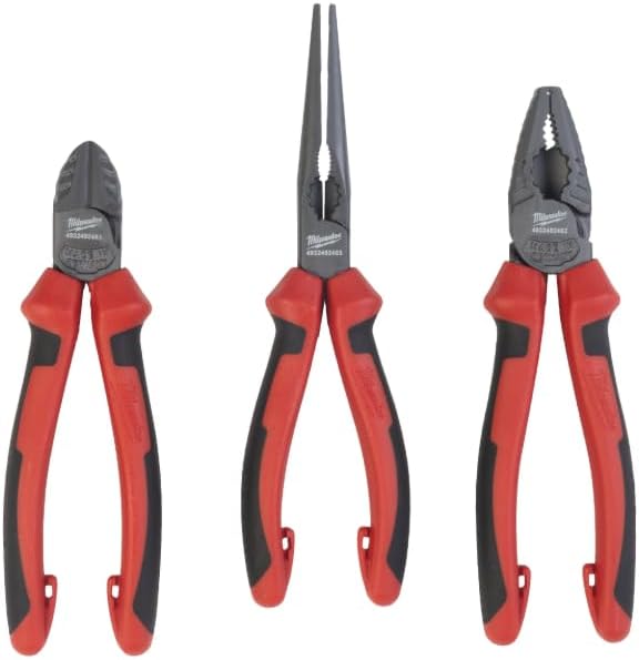 Milwaukee Pliers Set Side Cutters 160 mm, Long Bench Round Pliers, Combination Pliers 180 mm, 3-Piece, Red