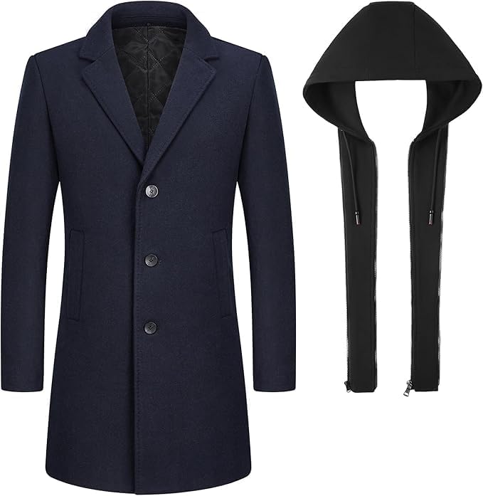 Lamgool Men's Winter Wool Blend Long Coat Single Breasted Overcoat with Removable Hood - Image 2