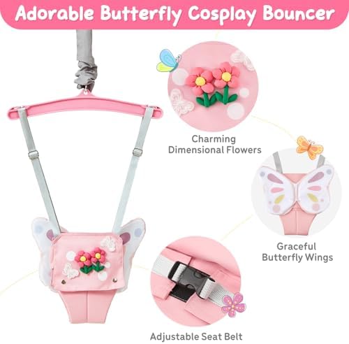 FUNLIO Baby Jumper with Stand for 6-24 Months, Infant Bouncer for Indoor/Outdoor Play, Toddler Jumper for Baby Girl/Boy, with Adjustable Chain, Easy to Assemble & Store (with Stand) - Pink Butterfly — view 2