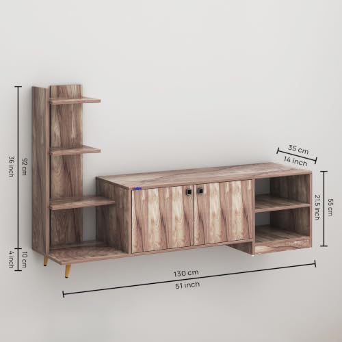 Image of Anikaa Moracca Engineered Wood Floor Standing Modern TV Unit with Side Shelves and 2-Door Cabinet & Open Storage Box Up to 43 inch Entertainment Units | For Living Room-Coachwood Finish | DIY-Installation