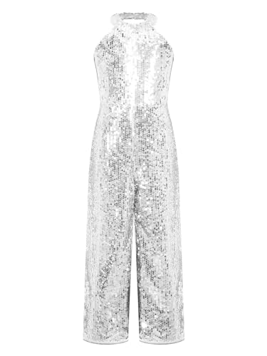 JEYPINMI Kids Girls Shiny Sequins Jumpsuits Halter Neck Sleeveless Romper Latin Jazz Hip Hop Dancewear Silver 8 Years