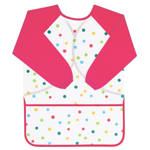REEKNOKOL Delantal Infantil Impermeable, Edades 3-8, Con Mangas Largas y Bolsillo para Pintura, Cocina, Comida, Arte y Manualidades (Rosa Rojo)