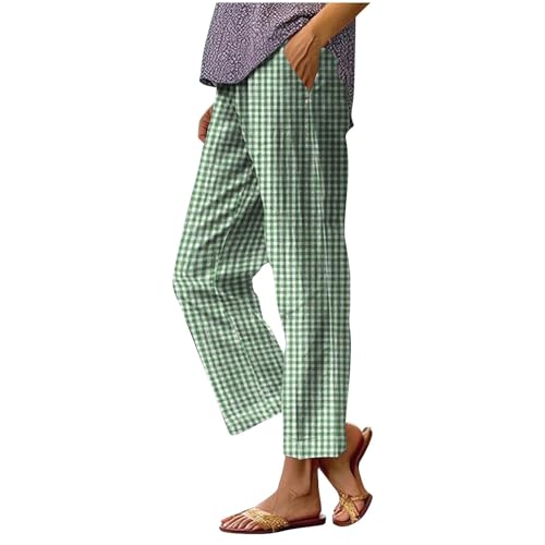 Casual Striped Plaid Pajama Pants for Women Cotton Linen Straight Leg Summer Beach Trouse with Pocket Drawstring Pant