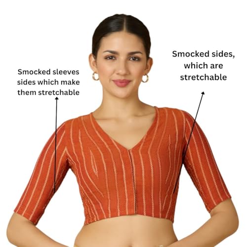 Image of Studio Shringaar Women Cotton Half Sleeve Side Stretchable (Smocked) Readymade Saree Blouse