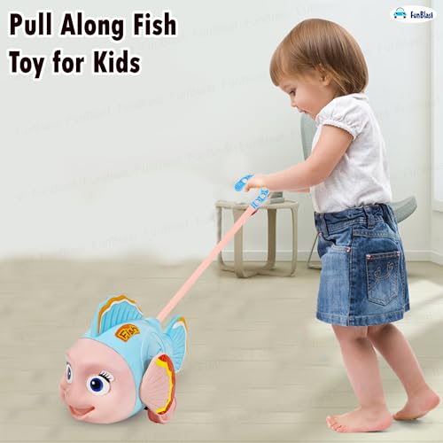 Image of FunBlast Pull Along Fish Toy for Kids - Push & Go Walking Toy, Early Learning Crawling Toys for Toddlers, Colorful Pull Toys for Boys & Girls (Multicolor) (Blue)