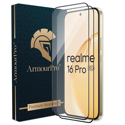 Image of ArmourPro Tempered Glass for Realme 16 Pro - 9H Anti Scratch Screen Protector, Edge to Edge Coverage, HD Clarity, Smooth Touch, Case Friendly | Black, Pack of 2