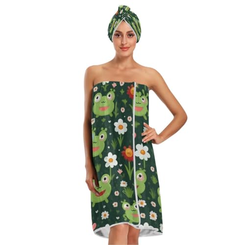 Bulletgxll Cute Frogs Women's Shower Wrap Towel Set of 3 Adjustable Spa Body Wrap Super Absorbent Bathrobe with Hair Towel & Headband