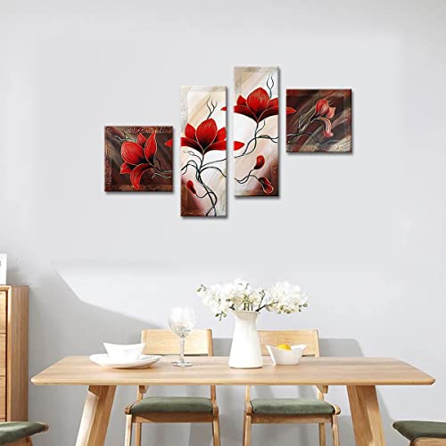Noah Art-Handmade Floral Paintings, Modern Red Flower Picture Bedroom Wall Decor, Wooden Framed Ready To Hang 4 Piece Set Floral Canvas Wall Art For Home Decor #TOP7