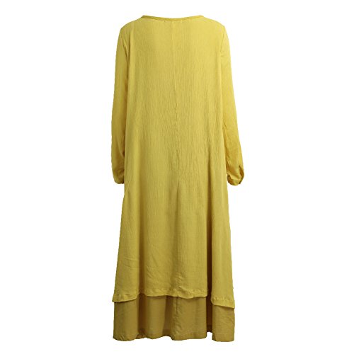 Romacci Women Boho Dress Casual Irregular Maxi Dresses Layer Vintage Loose Long Sleeve Linen Dress with Pockets,Medium,Yellow