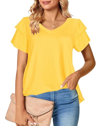 Afibi Womens Summer Tops Ruffle Short Sleeve V Neck T-Shirts Casual Loose Fit2