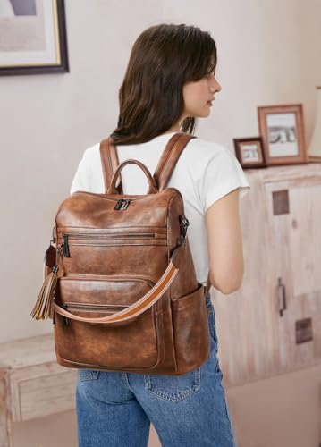 Shrrie 15,6 Zoll Laptop-Rucksack für Damen – Großer Reiserucksack aus Leder, wasserabweisend, für Freizeit, Uni, Arbeit, Handgepäck-Zweifarbiges Braun