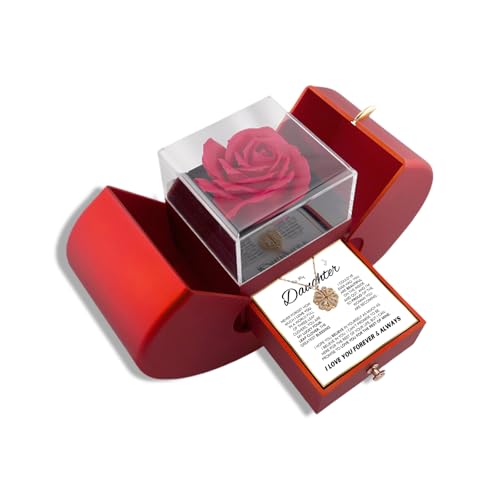 ziella Preserved Red Real Rose With 4 Leaf Clover Necklace,I Love You Necklace 100 Languages,To My Daughter Necklace for Women,Flowers Rose Birthday Gifts for Granddaughter/Niece Romantic-Red