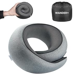 WANDER PLUS Travel Neck Pillow Pure Memory Foam Neck Pillow for Airplanes Comfortable Breathable Cover 360 Degree Support Ergonomic Design Best for Sleeping Plane Train Travel Essentials Max Grey