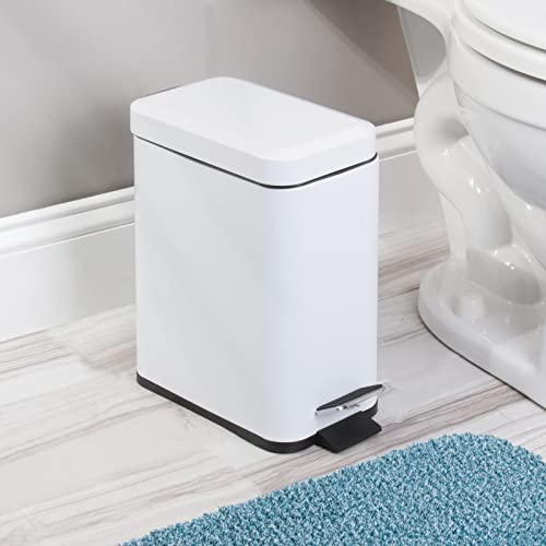 Image of mDesign Metal Freestanding Slim Toilet Bowl Brush and Holder + Rectangle Narrow 5 Liter / 1.3 Gallon Step Pedal Trash Can Wastebasket for Bathroom - Small, Compact Design - Set of 2 - White