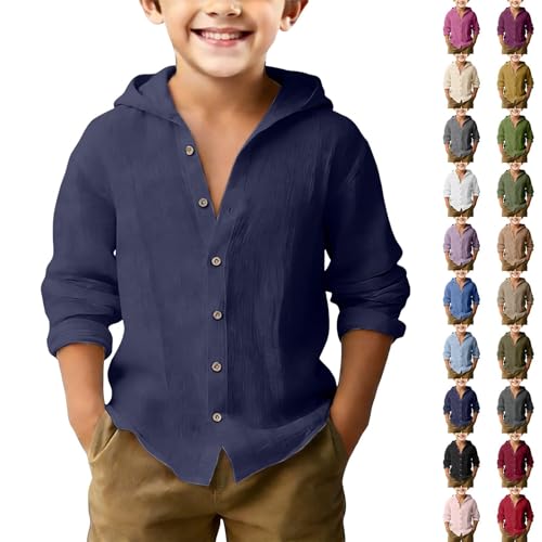 Chemise en lin à manches longues pour garçons - Chemises d'uniforme scolaire boutonnées pour adolescents et garçons - Veste de plage légère et respirante...