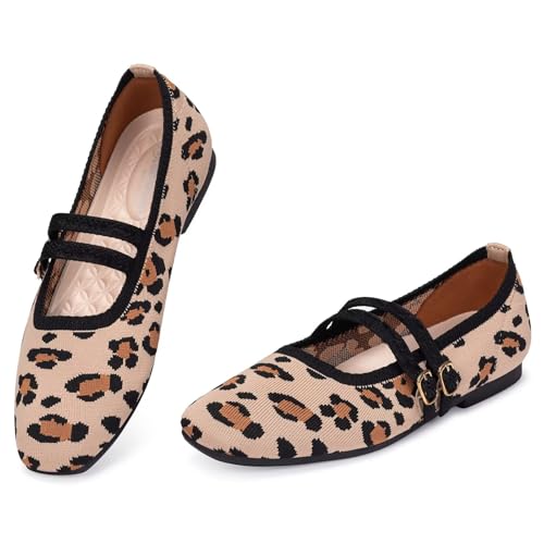 Image of Frank Mully Women's Flats Square Toe Mary Jane Shoes Ballet Flats with Strap Comfortable Slip On Knit Shoes Dressy Casual