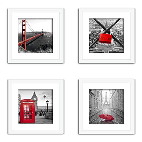 SmartWallStation 4Pcs 11x11 Real Glass Wood Frame White, with 2X Mat Fit 8x8 4x4 inch Family Kid Photo, Desktop On Wall Office City London Red Bus Golden Gate Bridge Eiffel Tower (10 Set Pictures) A