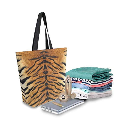Image of Tiger Print Canvas Tote Grocery Bag Shoulder Casual Book Bag Large for Women Teachers, Animal Cotton Bag Shopping Purse Handbag Reusable Multipurpose Use