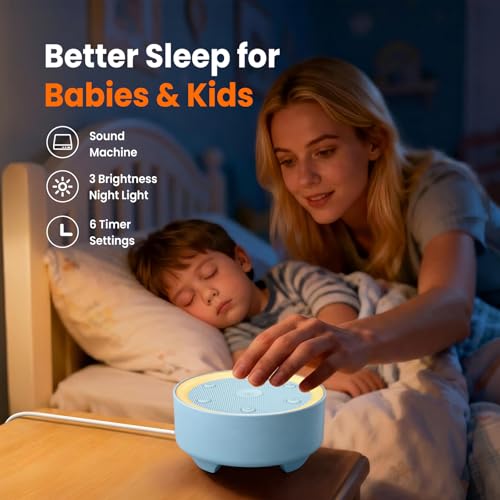 Image of Kipcush White Noise Machine for Sleeping, Baby & Adults, High-Fidelity Non-Looping Sounds, Sleep Sound Machine with Dimmable Night Light, USB Powered, Memory Function, Home, Nursery & Travel