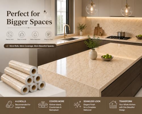 Image of Beige & Cream Marble Wallpaper, Peel and Stick Vinyl Contact Paper, Waterproof Self Adhesive Countertop Wallpaper for Kitchen & Furniture (60 x 200 cm)