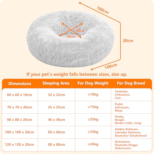 HMTOPE Orthopädisches Hundebett rund Hundekissen Hundesofa Katzenbett Donut Kuscheliges Hundekorb Waschbar, 100 cm Ø, Hellgrau