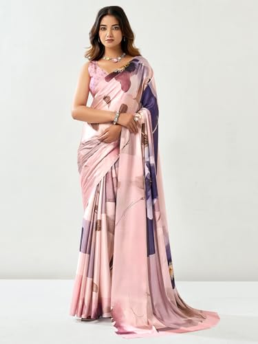 Image of Satrani Women's Satin Digital Printed Saree with Unstitched Blouse Piece