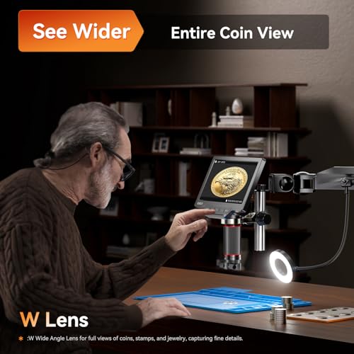 Image of Elikliv EM3K-3D Max 3D Digital Microscope with Magnetic Dual Lens, 3K HDMI, 10.1 inch Flex Arm, Coin & Electronics Repair Microscope with Ring Light, 64GB Card Included