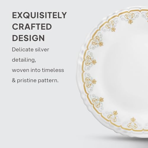 Image of CELLO Victor Imperial Plus Series Opalware Dinner Set of 33 Pieces For Family of 6 | Bone-Ash Free & Leadfree Opal Glass Microwave & Dishwasher Safe Crockery Plates & Bowls Set For Daily Use & Gifting