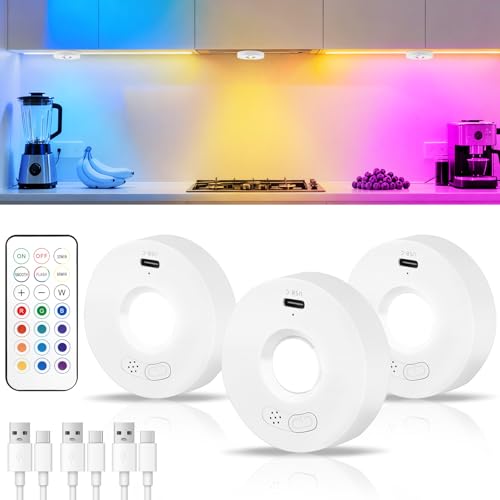 HOTUT Luz LED Vitrina con Control Remoto, 3pcs Puck Lights Recargable Armario Luz Temporizador,13 Colores RGB y Modos Dinámicos de Iluminación para Armarios, Pasillo, Escalera