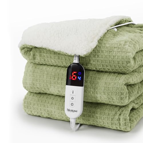 Image of blunique Heated Blanket Electric Throw Waffle, 50x60 Inches Sherpa Fleece Fast Heating Blanket 6 Heating Levels & 4 Hours Auto Off ETL Certification, Sage Throw