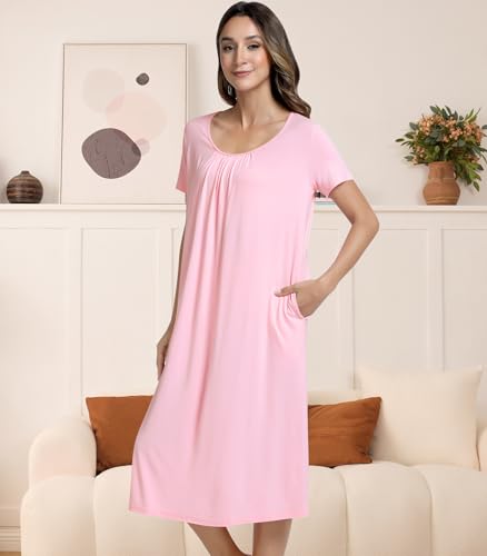 Image of NACHILA Women's Nightgowns-Viscose Made from Bamboo,Short Sleeve Nightshirt Soft Sleep Shirts Cool Sleep Dress with Pockets