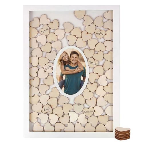 Livre d'or mariage Spetebo avec cadre photo et 72 cœurs en bois