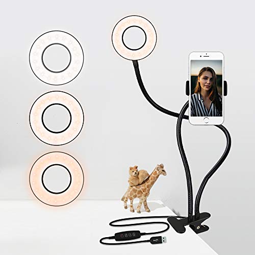 LED Selfie Ring Light with Stand & Phone Holder - Clip-on Desk Ring Light for Video Live Stream,3 Light Modes - White,Warm,Yellow