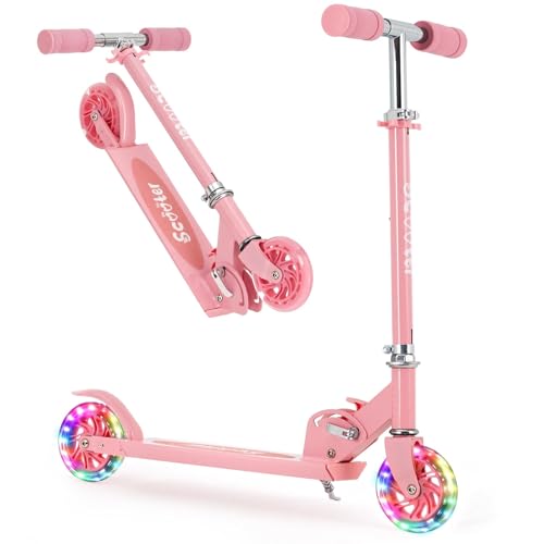 GarveeMore Ligero y plegable patinete infantil de 2 ruedas LED - Manillar ajustable en 4 alturas - Fácil de transportar - Para niños y niñas de 3 a 12 años - Uso interior/exterior - Color rosa europeo