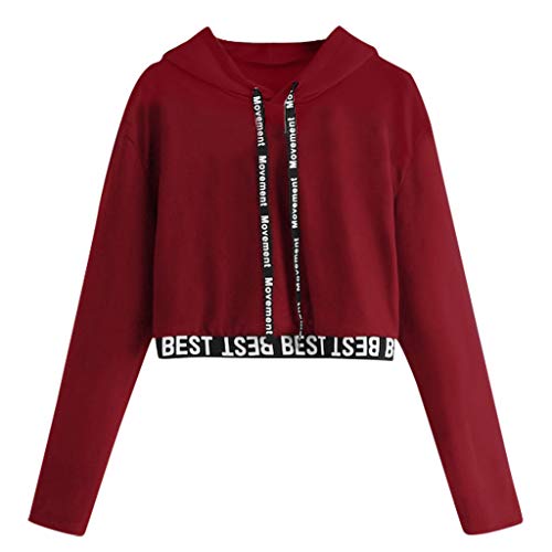 Hoodies for Women Workout Crop Top Hoodie Pullover Sweatshirt Letter Print Long Sleeve Short Tops Blouse(Wine,XXL)
