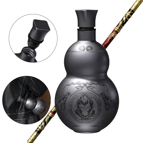 nurdewn Stainless Steel Gourd Water Bottle 16.9oz Insulated Drinking Gourd Bottle for Black Myth Wukong Fans, Vintage Style Leak-Proof Water Jug with Strap, 316 Steel Hot & Cold Flask (Black)